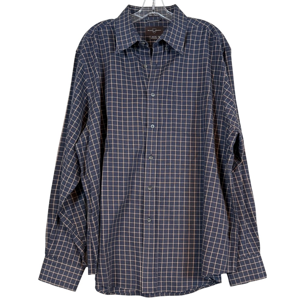 Black Brown 1826 Mens XXL Navy Blue Tan Windowpane 80s 2-Ply Cotton Button Shirt